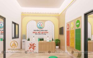 Khu vực lễ tân, vách logo trường mầm non Hoa Đỗ Quyên