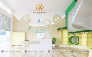 Khu vực lễ tân, vách logo trường mầm non Bibo Kids